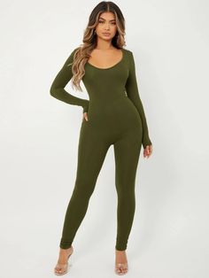 SHEIN Scoop Neck Unitard Jumpsuit | SHEIN USA Viral Jumpsuit, Solid Jumpsuit, Full Body Suit, Green Jumpsuit, Shein Style, Catsuit, Scoop Neckline, Jumpsuits For Women, Tik Tok