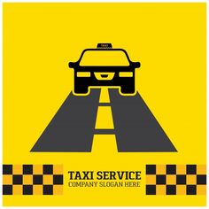 a yellow poster with a black and white taxi cab on the road in front of it