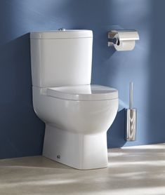 a white toilet sitting next to a blue wall