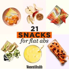 the cover of 21 snacks for flat abss, including apples, orange juice and bananas