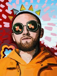 a painting of a man wearing sunglasses and a crown on his head with hearts in the background