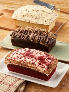 three different types of desserts sitting on plates