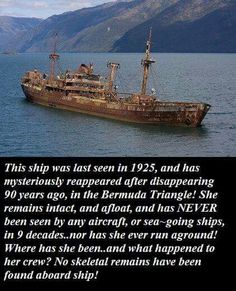 an old ship in the middle of water with mountains in the background and text about it