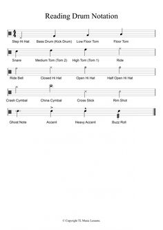 sheet music with the words reading drum notation