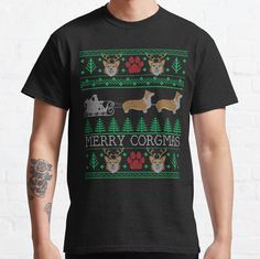 a man wearing a black merry corgis t - shirt