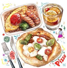 this is a watercolor painting of food and drinks on a plate with utensils