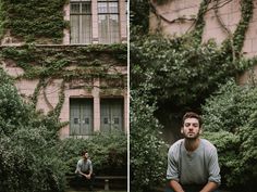 a man sitting on a bench in front of a building with ivy growing all over it