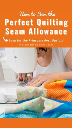 a woman is using a sewing machine to sew fabric on the cover of a book