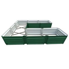 three green and white containers with metal bars on each side, set against a white background