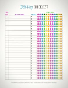 a printable bill pay checklist with colorful dots