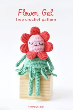 a crocheted flower doll sitting on top of a wooden block with text overlay that reads, flower gal free crochet pattern