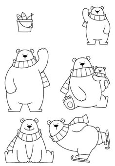 four cartoon bears with hats and scarves