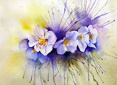 watercolor painting of three purple flowers on yellow background with blue and white paint splatters