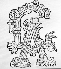 the letter a is made up of ornate designs and letters that are black and white