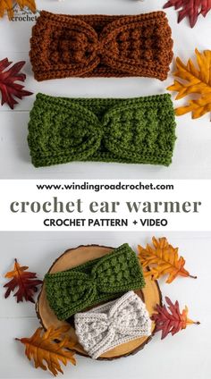 three crocheted ear warmers with bows on them and leaves in the background