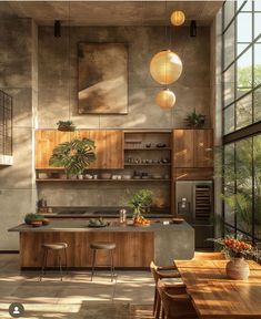 a modern kitchen with wooden cabinets and an island in the middle, surrounded by windows