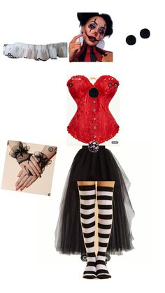 an image of a woman in red corset and black skirt with striped stockings