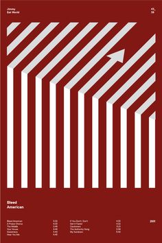 a red poster with white stripes and an arrow in the center, on top of it