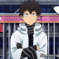 an anime character standing in front of a fence with his arms crossed and looking at the camera