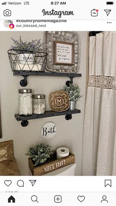 a bathroom with two shelves above the toilet and other items on the shelf next to it