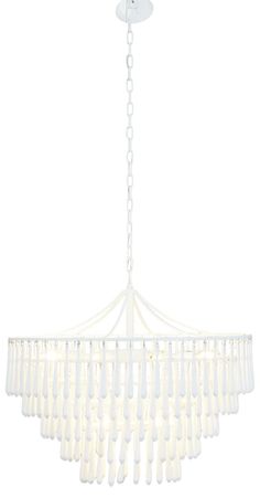 a white chandelier hanging from the ceiling with many lights on top of it