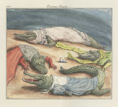 an illustration of two alligators laying on the ground next to a man in a white shirt