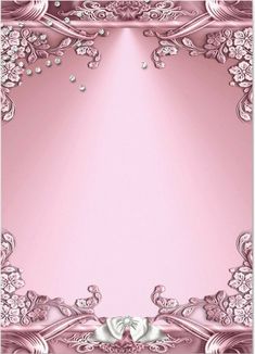 a pink background with an ornate frame and flowers on the bottom, in front of a light