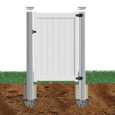 an image of a white gate in the ground with grass and dirt around it on a white background