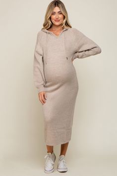 Beige Hooded Maternity Sweater Midi Dress Cute Pregnancy Outfits For Fall, Chic Pregnancy Style, Winter Maternity Dress, Pregnancy Fashion Winter, Pregnancy Fashion Fall, Fall Maternity Outfits, Maternity Sweater Dress, Sweater Midi Dress, Formal Maternity Dress