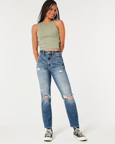 Women's Ultra High-Rise Ripped Medium Wash Mom Jeans | Women's | HollisterCo.com Light Wash Mom Jeans, Rip Mom, Ripped Mom Jeans, Women's Bottoms, Red Carpet Looks, Stretch Denim, Hollister, Outfit Of The Day, Mom Jeans