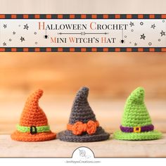 Three small crochet witch hats in orange with a green band, grey with an orange bow, and green with a purple band. Text overlay, "Halloween Crochet Mini Witch's Hat, JenHayesCreations.com." Crochet Mini Hat Ornament, Gnome Clothes, Crochet Seasonal, Crochet Witch Hat, Worry Pet, Crochet Witch, Witches Hats, Fall Crochet Patterns, Fall Crochet