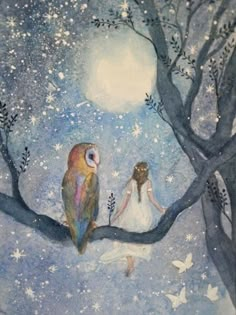 two birds sitting on top of a tree branch under a moon filled sky with stars