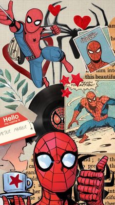 an image of spiderman collaged with comic books and other things in the background