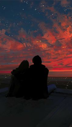 two people are sitting on a bench watching the sun go down over the ocean and stars in the sky