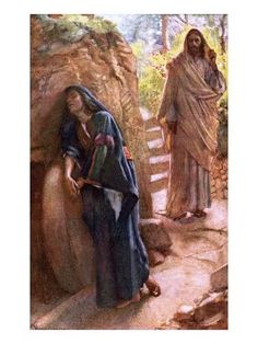 an image of jesus and mary walking up the steps to get into the cave in the woods