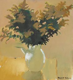 a painting of flowers in a white vase on a yellow tableclothed surface,