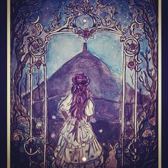 a painting of a girl in white dress looking at the sky through an ornate frame