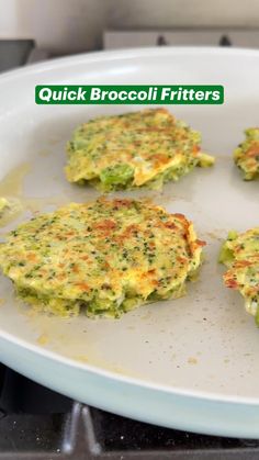 broccoli fritters on a white plate with the words quick broccoli fritters