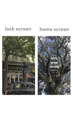 two pictures of a tree with the words lock screen and home screen on it's side