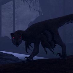 a large dinosaur with red eyes walking through a forest