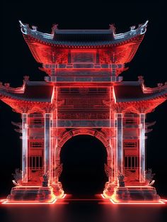 Chinese Torii, neon lights, symmetrical composition, X-ray, transparent, architectural structure, bioluminescence, white and red, in the style of computer art, Eastern Zhou Dynasty, 8k New Chinese Style Design, Japanese Wedding Theme, Symmetrical Composition, Architectural Structure, Zhou Dynasty, Futuristic Building, Abstract Graphic Design, Neon Red, Futuristic Interior