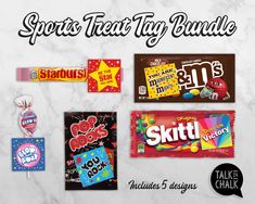 various types of candy on a white marble background with the words sports team tag bundle