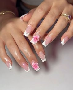 @ nailsbygabbyk Nail Ideas Medium Square, Pink French Tips With Design, White French Tip Nails With Flowers, Square French Tip Nails With Design, Cute Spring Nails Square, French Pink Nails, Square Pink Nails, Square Nails Pink, Nails And Rings