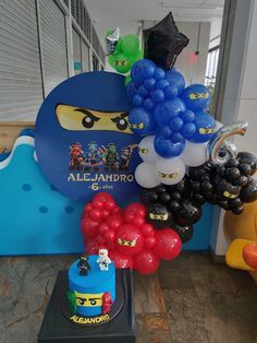 balloons and decorations are on display in the lobby for children to use at birthdays