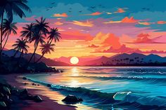 a painting of a sunset over the ocean with palm trees