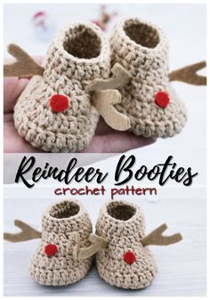 crochet pattern for reindeer booties with red nose and antlers on them