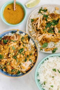 three bowls filled with rice and chicken next to two bowls of curry, white rice and cilantro