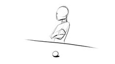 a black and white drawing of a person sitting in front of a ball on the ground