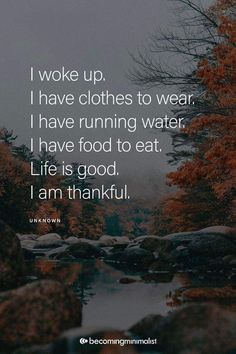 a river with trees in the background and a quote on it that says i woke up i have clothes to wear i have running water i have food to eat life is good,