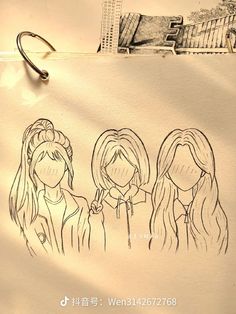 three girls with long hair are drawn on paper